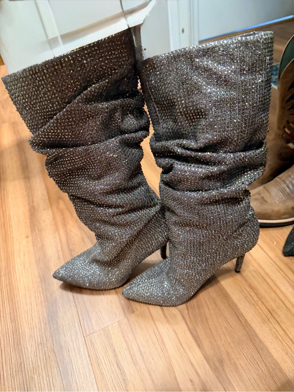 Jessica Simpson Silver Glitter Slouchy Knee-High Stiletto Boots